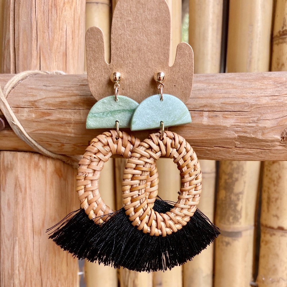 Handmade Pearl Green Rattan Earrings